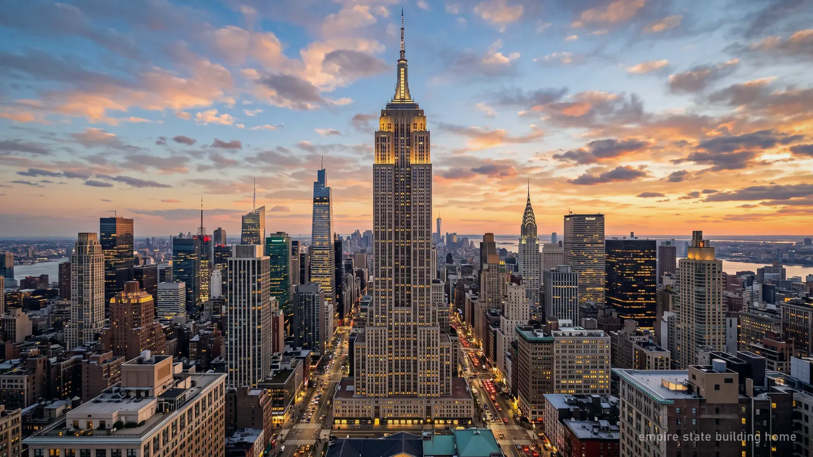 The Empire State Building lit at dusk above Midtown Manhattan, the Chrysler Building's spire to its right and the rivers on the horizon